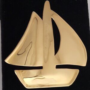 Sailboat Brooch Signed SH 2.5" Shiny Gold Tone